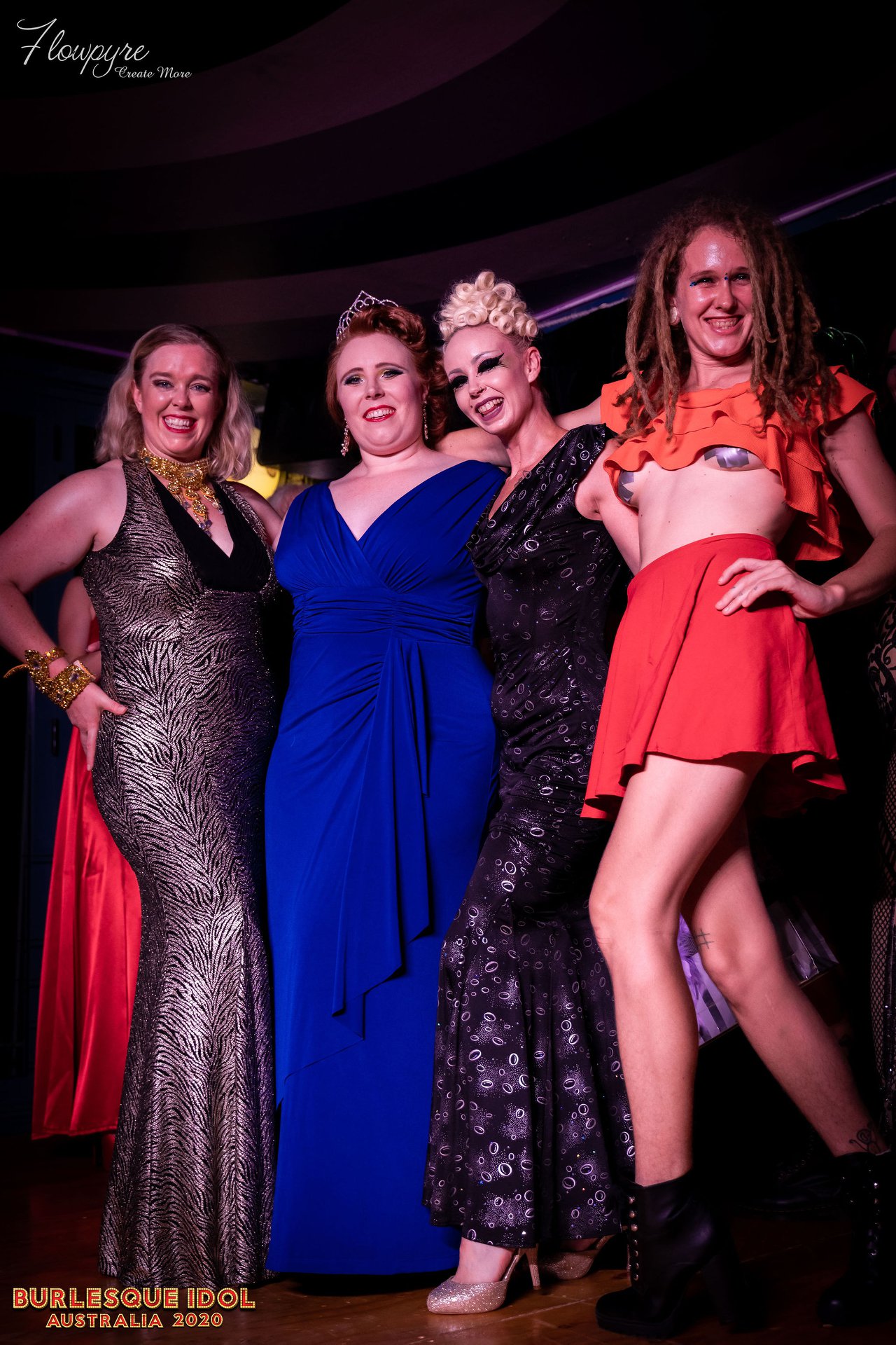 Mae de la Rue, Millie Devine, Scarlet Tinkabelle, and Hanna Illingworth on stage at the conclusion of Burlesque Idol Darwin 2020