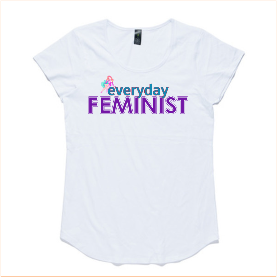Image of a t-shirt available to purchase that says everyday feminist with a cartoon of Mae de la Rue sitting on the words