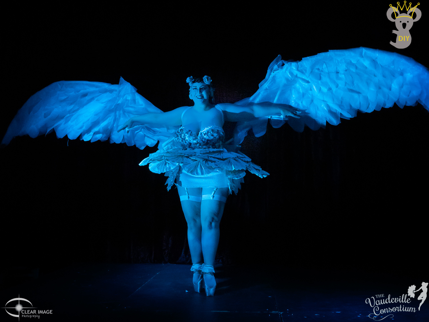 Lydia Grim in her DIY BurlesKoala costume with outstretched articulated wings
